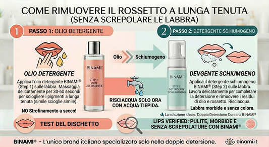 Guida visiva BINAMI® su come rimuovere il rossetto a lunga tenuta senza screpolare le labbra: Step 1 Olio Detergente per sciogliere i pigmenti e Step 2 Detergente Schiumogeno per completare la doppia detersione.