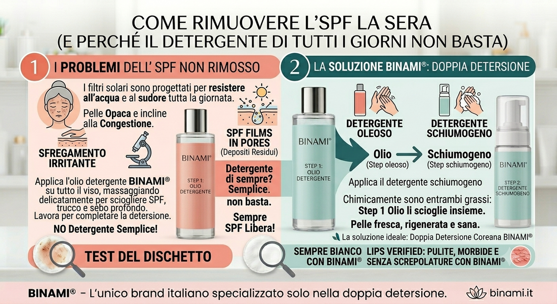 Infografica BINAMI® su come rimuovere l'SPF la sera: spiegazione del perché i filtri solari resistenti all'acqua richiedono la doppia detersione con Olio Detergente (Step 1) e Detergente Schiumogeno (Step 2) per evitare pori ostruiti.