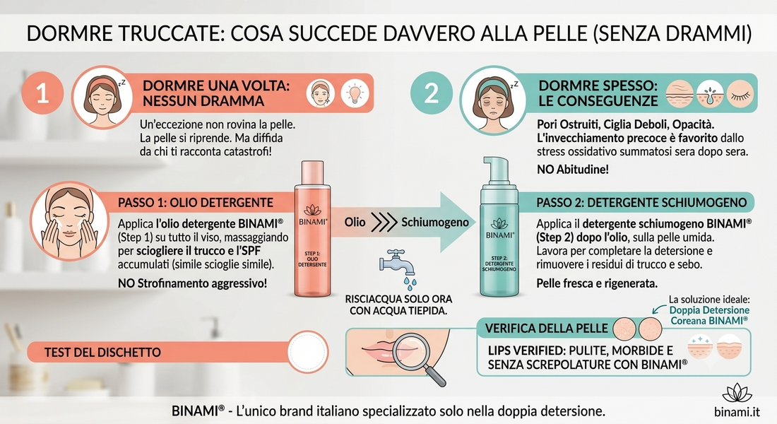 Infografica BINAMI® sugli effetti di dormire truccate sulla pelle e l'importanza della doppia detersione serale con Olio Detergente e Detergente Schiumogeno per prevenire i pori ostruiti.