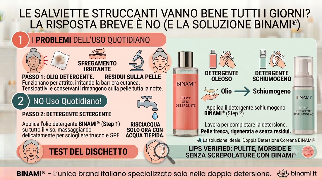Infografica BINAMI® sui danni e i residui causati dalle salviette struccanti usate tutti i giorni e i benefici della doppia detersione quotidiana con Olio Detergente e Detergente Schiumogeno.
