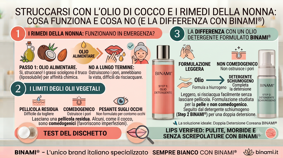 Infografica BINAMI® sul perché struccarsi con olio di cocco o rimedi della nonna lascia una pellicola residua e ostruisce i pori, a differenza della doppia detersione con Olio Detergente formulato non comedogenico e Detergente Schiumogeno.